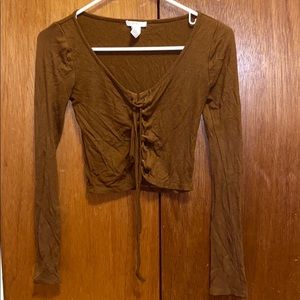Forever 21 Cropped Tan Long-Sleeve Tie Up Shirt